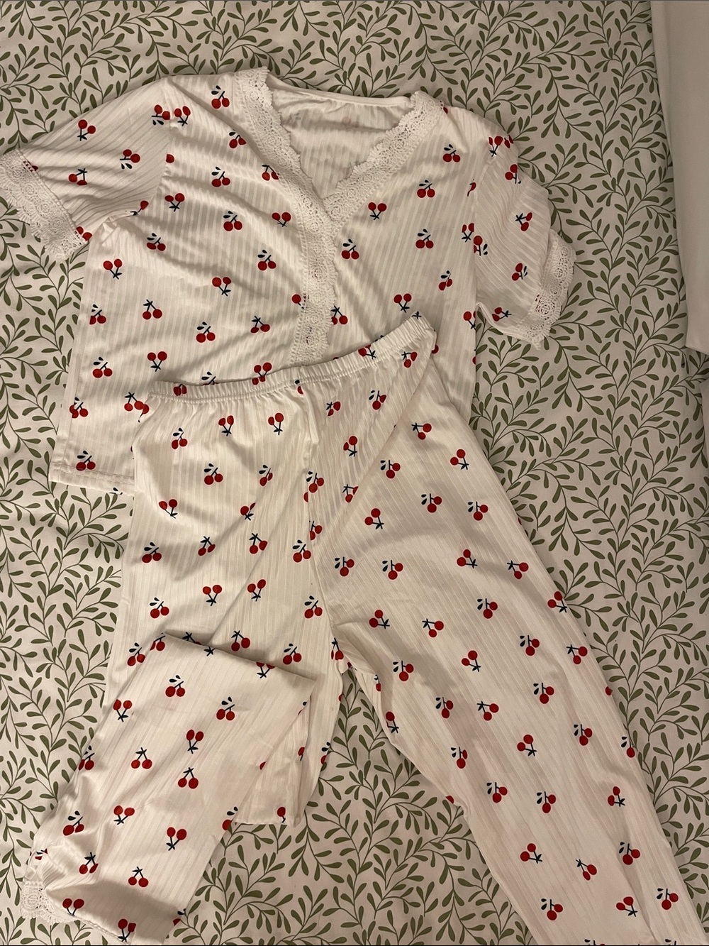 Kids White Cherry-Print Pajama Set - Soft Cotton Blend